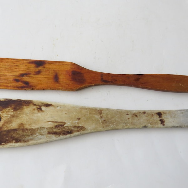 2 Antique Wood Stirrers Paddle Spatula Vintage Farmhouse Country Primitive Patina Shabby Wooden