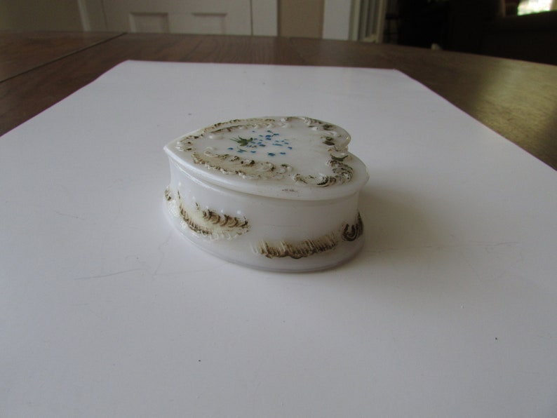 Vintage Heart Jewelry Box Old Antique Milk Glass Hand Painted Trinket