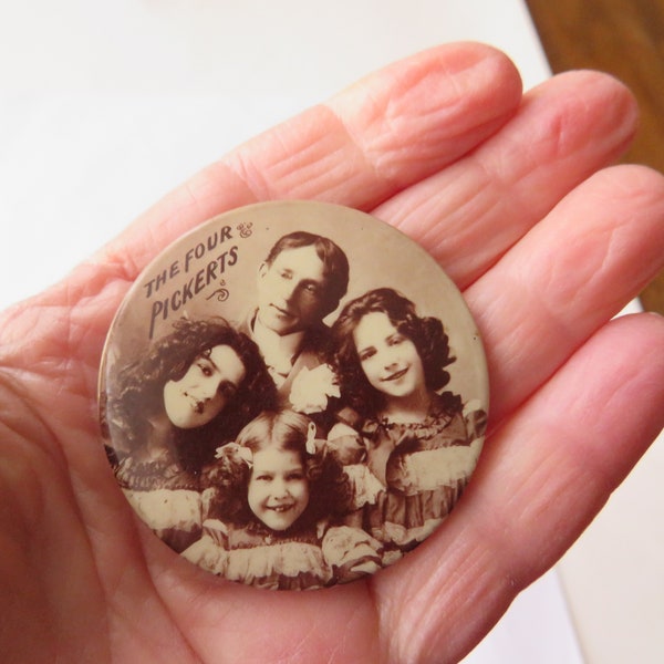 Antique 1900s Pickert Family Portrait Photo Pinback Celluloid Button Pin