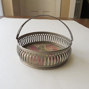 Antik Silber Korb Teller mit Griff Rosen Glaseinsatz Germany Vintage