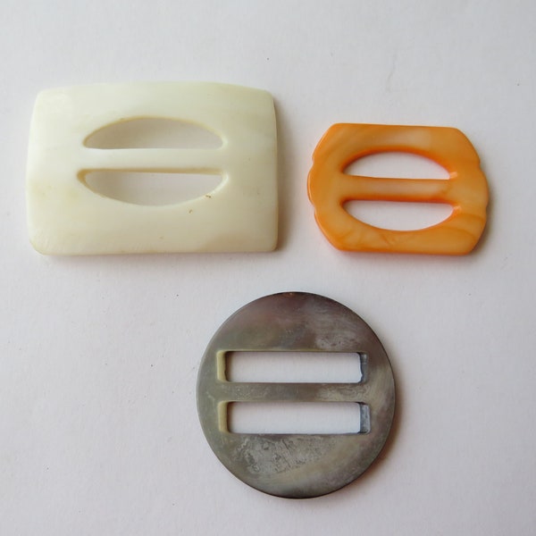 3 Antique Mother of Pearl Sash Buckles Vintage MOP Slide