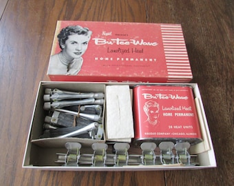 Vintage Bu-Tee-Wave Home Permanent Halgar's Boxed Hair Curlers Rods Clips 50's Retro