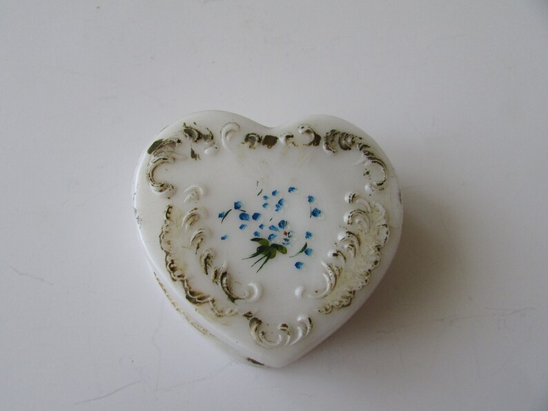 Vintage Heart Jewelry Box Old Antique Milk Glass Hand Painted Trinket