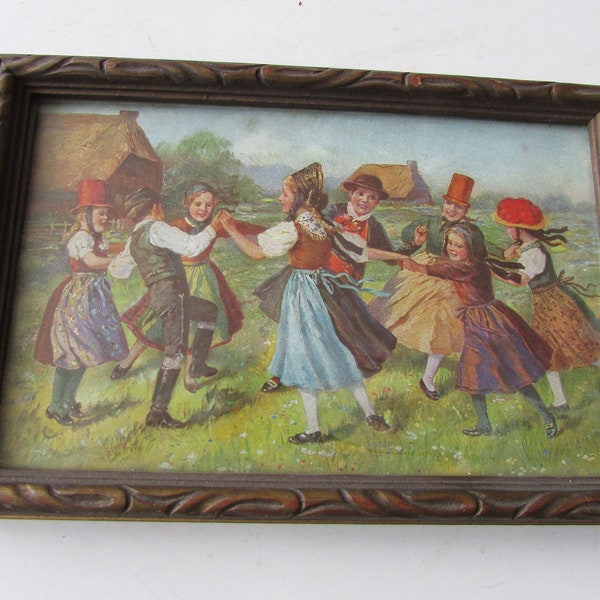 Antique Small Dancing Children Picture Vintage Frame with Glass Country Scene