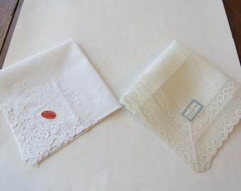 2 Vintage White Lace Handkerchief Hankie Switzaerland Cotton & Irish Linen Bride Bridal Wedding