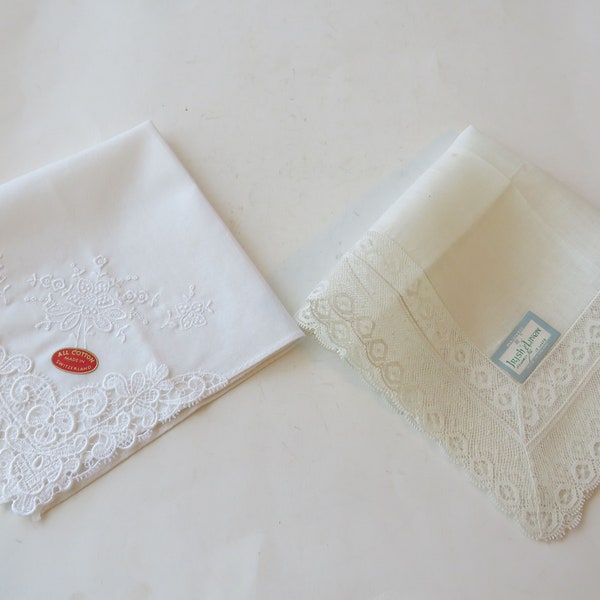 2 Vintage White Lace Handkerchief Hankie Switzaerland Cotton & Irish Linen Bride Bridal Wedding