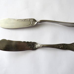 May include: Two silver-toned butter knives featuring ornate floral embossing on the handles and the base of the blades. The knives have a wide, flat blade shape with a pointed tip, showcasing a metallic finish with intricate rose-patterned detailing.