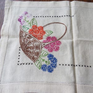 Antique Flower Basket Runner Embroidered Embroidery Flowers Vintage