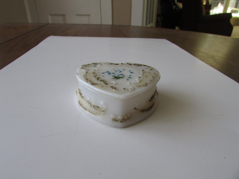 Vintage Heart Jewelry Box Old Antique Milk Glass Hand Painted Trinket