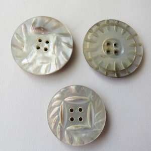 3 Antique Carved Mother of Pearl Buttons Beautiful Vintage MOP Button