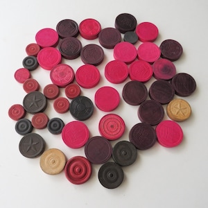Lot Vintage 47 Wood Checkers Wooden Red Black Repurpose Crafting Antique