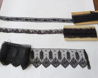 3 Vintage Black Lace Pieces Floral Mourning Goth Yards