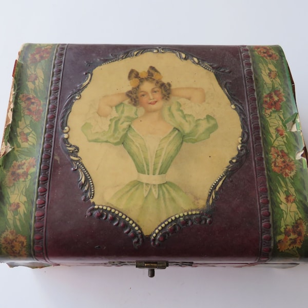 Antique Shabby Celluloid Portrait Dresser Box  Vintage Vanity Sewing Jewelry