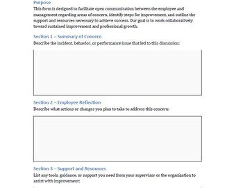 Può includere: Un modulo di azione correttiva per dipendenti bianco con testo che include "Scopo", "Sezione 1 - Riepilogo del problema", "Sezione 2 - Riflessione del dipendente" e "Sezione 3 - Supporto e risorse".