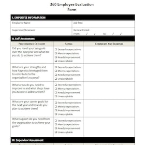 Puede incluir: Un formulario de evaluación de empleados de 360 grados con secciones para la autoevaluación y la evaluación del supervisor. El formulario incluye categorías de desempeño, opciones de calificación y espacio para comentarios y ejemplos.