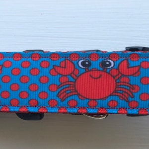 May include: A blue dog collar featuring a repeating pattern of red crabs and red polka dots. The collar has a black plastic buckle and a metal D-ring for leash attachment. The crab design is whimsical and colorful.