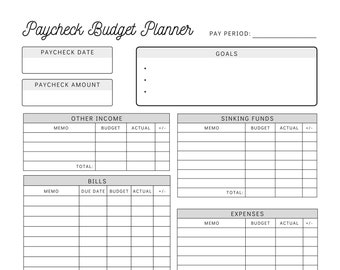 May include: A printable budget planner worksheet with sections for paychecks, other income, bills, expenses, sinking funds, debt payments, and a summary. The worksheet includes columns for memo, budget, actual, and +/-.