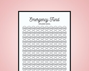 May include: A printable chart to track savings for an emergency fund. The chart has a goal of $10,000 and has 100 circles to fill in, each representing $100 saved.