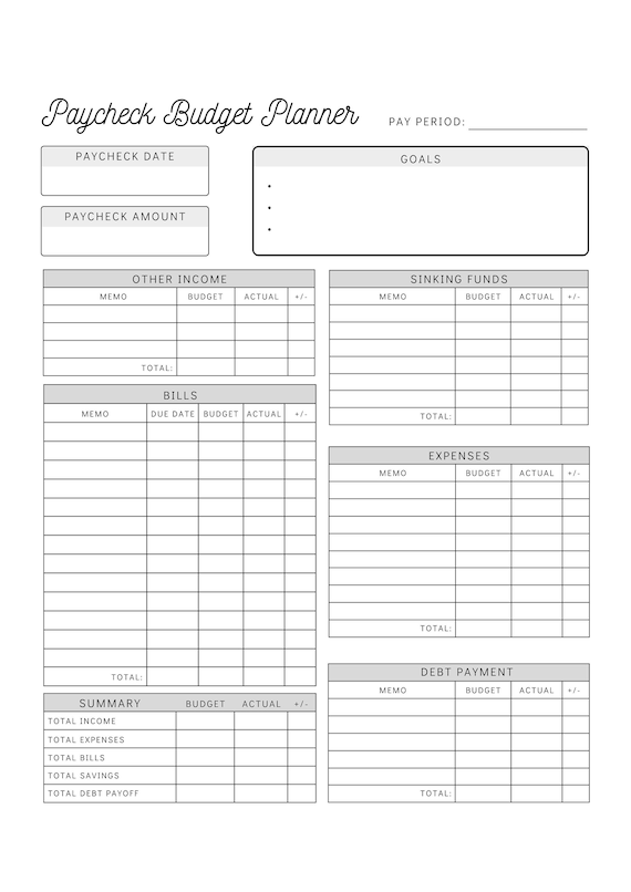 Printable Paycheck Budget Sheet Monthly Budget Planner Sheet Instant 