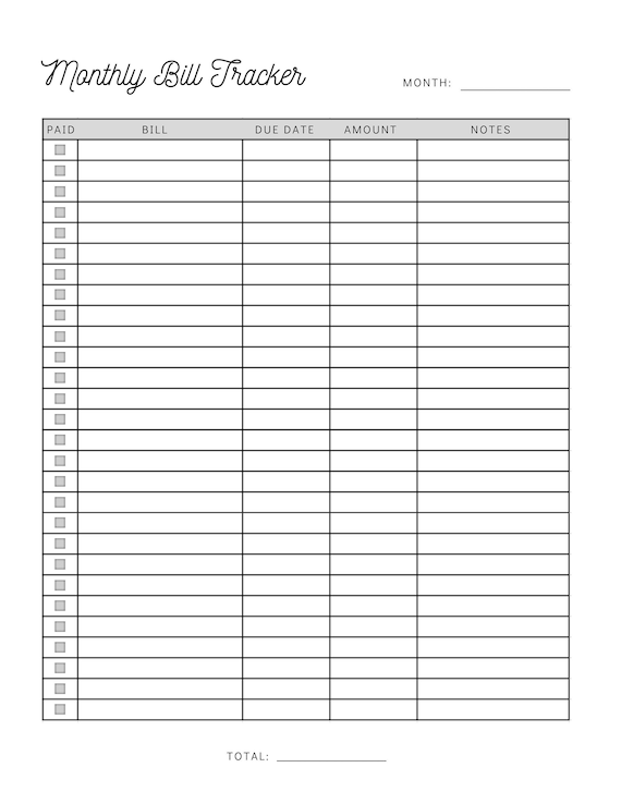 Monthly Bill Payment Tracker Printable Bill Pay Checklist Etsy