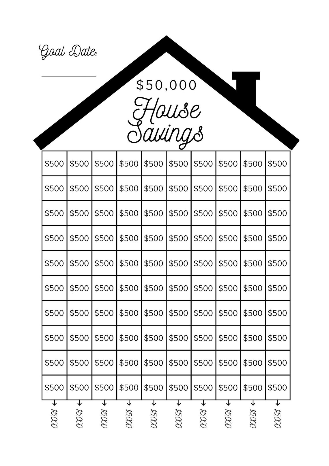 50k House Savings Tracker, Instant Download, Printable, Savings Goal