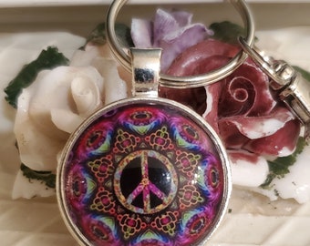 Colorful Peace Symbol Keychain: Handmade Silver Pendant