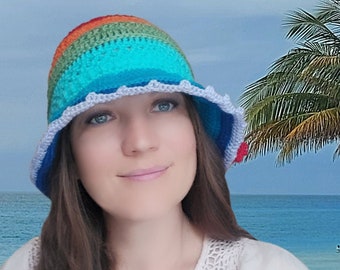 Summer crochet cloche hat with patterns, rainbow colors, spring autumn, adjustable circumference, L size with semi-rigid brim Hatmilia