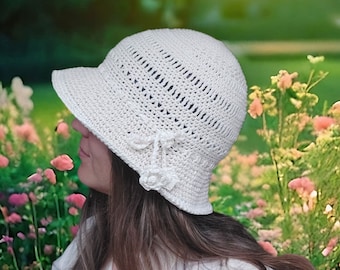 cloche summer hat, brim crochet hat for round face bucket cotton adjustable circumference M/L size Hatmilia