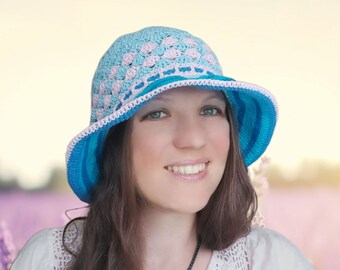 cloche hat, summer brim crochet hat for round face bucket cotton adjustable circumference M/L size Hatmilia