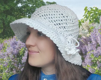 cloche crochet hat For curly hair ,bucket hat, spring hat with brim, L size protects from the sun Hatmilia