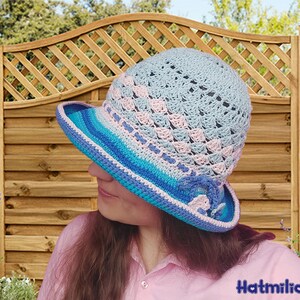 cloche hat, summer brim crochet hat for round face bucket cotton adjustable circumference M/L size Hatmilia image 2