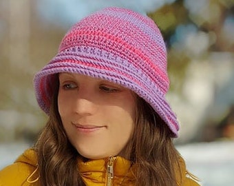 Crochet cloche hat bucket hat with brim spring vintage style pastel colors handmade 20s style L size womens' gift Hatmilia