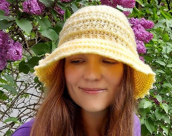 Crochet cloche hat, yellow spring women, beautiful bell hat with brim, concave pattern bucket hat, L size Hatmilia