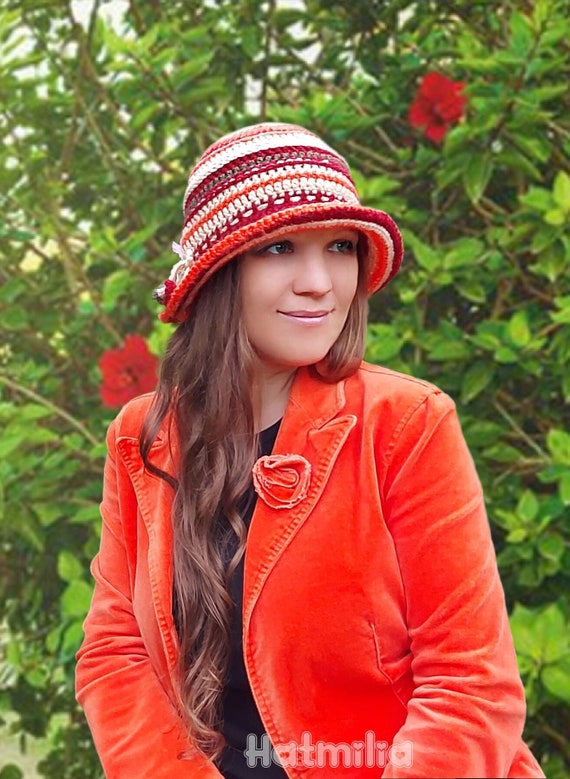 Orange Crochet Bucket Hat,winter Wool Hat,vintage Style  display picture 2