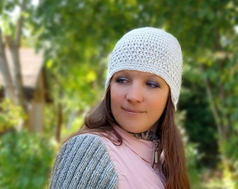 Women's spring wool beanie with ear flaps off-white crochet handmade cap hat L/M size Hatmilia