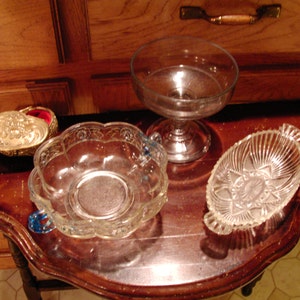 Lot Damaged - Relish Dish (chipped), Heart shape Box (lid is unhinged from box), pedestal bowl (chipped), 2 handle bowl (has paint on it)