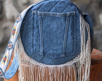 Circle Denim Western Style Upcycle Crossbody Bag with Fringe