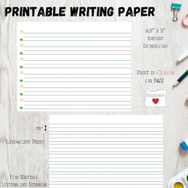 Printable Writing Practice Paper .75" Rule | Colored Lines and Picture Guides for Writing | Primary Paper | Wide 8.5" x 11" for Kids