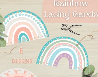 Tarjetas de cordones Boho Rainbow imprimibles Montessori / Actividad de habilidades motoras finas preescolares