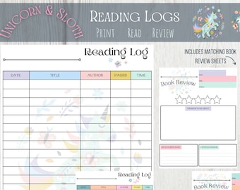 Printable Reading Log for Children | Unicorn and Sloth Reading Logs and Book Review Sheets for Kids | Instant Download Book Log