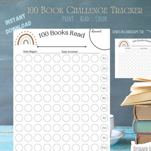 Afdrukbare Reading Challenge Tracker | Logboek met 100 boeken voor kinderen en volwassenen | Beloningstabel Boho Rainbow Reading