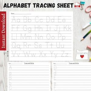 Hoja de trabajo de rastreo de letras imprimible / Letras de la A a la Z para rastrear con mayúsculas y minúsculas / Práctica del alfabeto