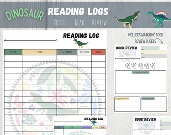 Printable Reading Log for Kids | Book Review Sheets | Dinosaur Book Log Tracker