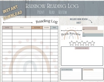books and journals Printable Reading Log for Children or Adults | Boho Rainbow Reading Log and Book Review Sheet for Kids | Instant Download Book Log