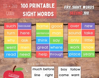 100 mots imprimables Rainbow Fry Sight | Le deuxième 100 | Mots à haute fréquence 1ère et 2ème année | Sight Word Flashcards to Print Set 2