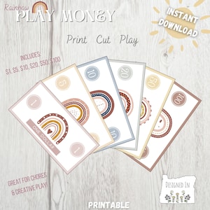 Printable Play Money for Kids | Boho Rainbow Pretend Money for Allowance and Learning | Print and Learn Homeschool and Creative Play