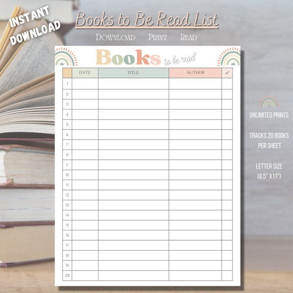 Books to be Read List TBR Printable Tracker | Editable Boho Reading Planner Checklist for Kids and Adults