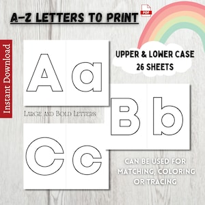 Letras imprimibles para colorear / Letras mayúsculas y minúsculas para trazar / Hojas grandes de práctica del alfabeto simple / Emparejamiento de letras para niños