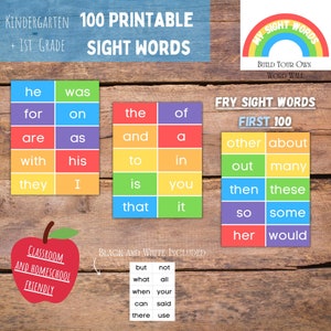 100 Printable Rainbow Fry Sight Words | The First 100 | High Frequency Words Preschool and Kindergarten | Sight Word Flashcards to Print