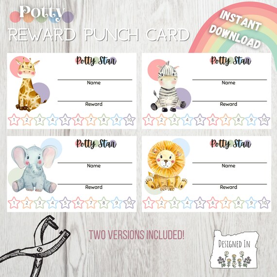 Potty Tracker Punch Cards Printable | Potty Training Tools for Kids and Toddlers | Cute Animal